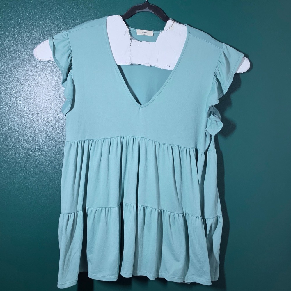 Entro Sage Green Tiered Babydoll Top V-Neck Ruffle Sleeve Flowy Tunic Small